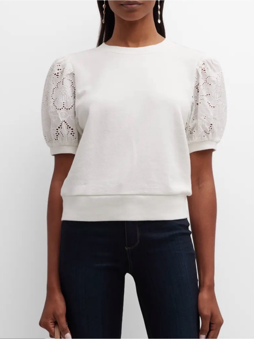 Paige Mako Puff Sleeve Sweatshirt White Eyelet Lace Sleeve Cotton Top Medium